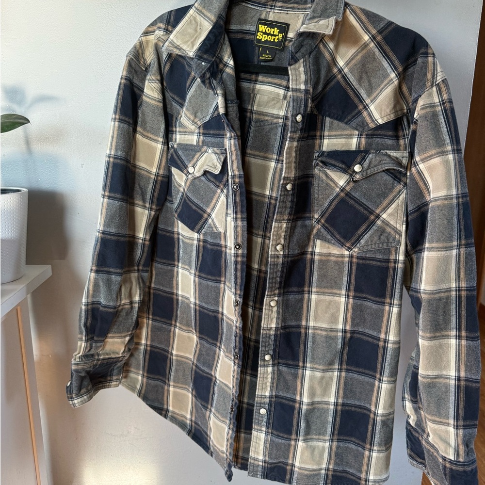 Work n' Sport Western Pearl Snap Shirt Long Sleeve Heavy Flannel Men's Size L